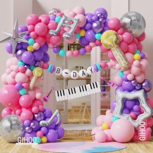 songstar birthday decoration 155pcs pink and purple balloon arch kit hollow star,microphone, disco mylar balloon for music fans birthday popular singer birthday party decor