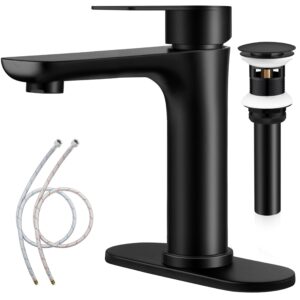 homikit bathroom faucets, black bathroom sink faucet for 1 hole or 3 holes, matte black faucet for bathroom sink with pop up drain & supply hoses, stainless steel single handle rv vanity basin faucet