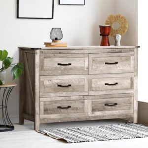 NEDYO Farmhouse 6 Drawer Dresser, Rustic Chest of Drawers, Wood TV Stand, Wooden Dresser Storage Organizer Cabinet for Bedroom Living Room Hallway and Entryway. Light Rustic Oak