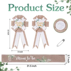 Neutral Burlap Mom to Be Sash Dad to Be Pin Baby Shower Decorations, Sage Green Mommy to Be Sash Baby Shower Pin Set for Gender Reveals Party Decorations for Pregnant Keepsake Gifts