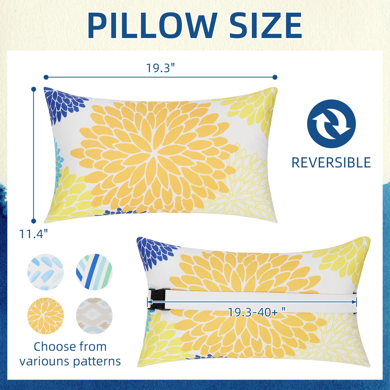 Rasugarlary Chaise Head Rest Pillows Set of 2, Waterproof Outdoor Lounge Pillow Lumbar Pillows with Insert Adjustable Elastic Strap Decorative Pillows for Patio Beach Chair,Yellow Blue Flower