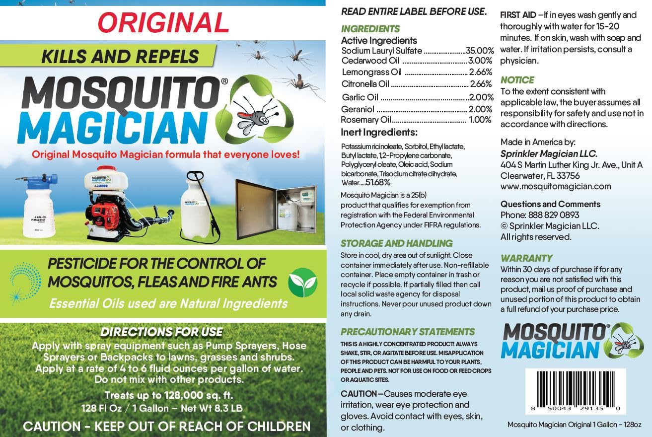 Mosquito Magician Liquid Concentrate - Kills Mosquitoes, Fleas, and Fire Ants - Use with Pump or Backpack Sprayers, Foggers, or Automatic Misting Machines - Ideal for Yards, Lawns, Patios - 1 Gallon