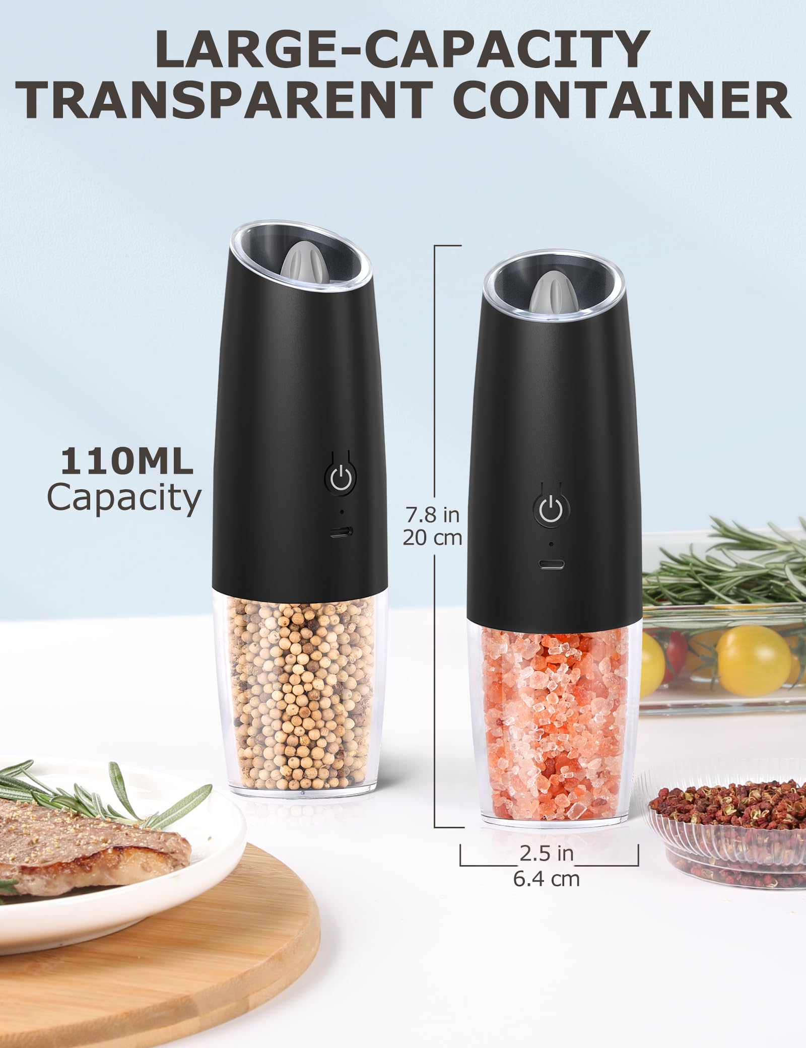 innhom Gravity Electric Salt Grinder Pepper Grinder Pepper Mill Automatic Salt and Pepper Grinder with Adjustable Coarseness USB Rechargable, 1 Pack