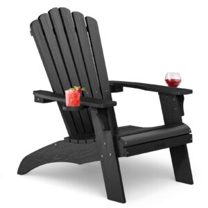 cecarol oversized adirondack chair plastic, outdoor fire pit chair with cup holder, adirondack patio chair weather resistant for outside, porch, lawn, garden- ac01, black(wood grain)