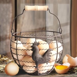 generic wire egg basket for gathering fresh eggs collecting basket with handle,rusty chicken decorated small chicken egg basket vintage style eggs holder basket countertop for farmhouse kitchen decor