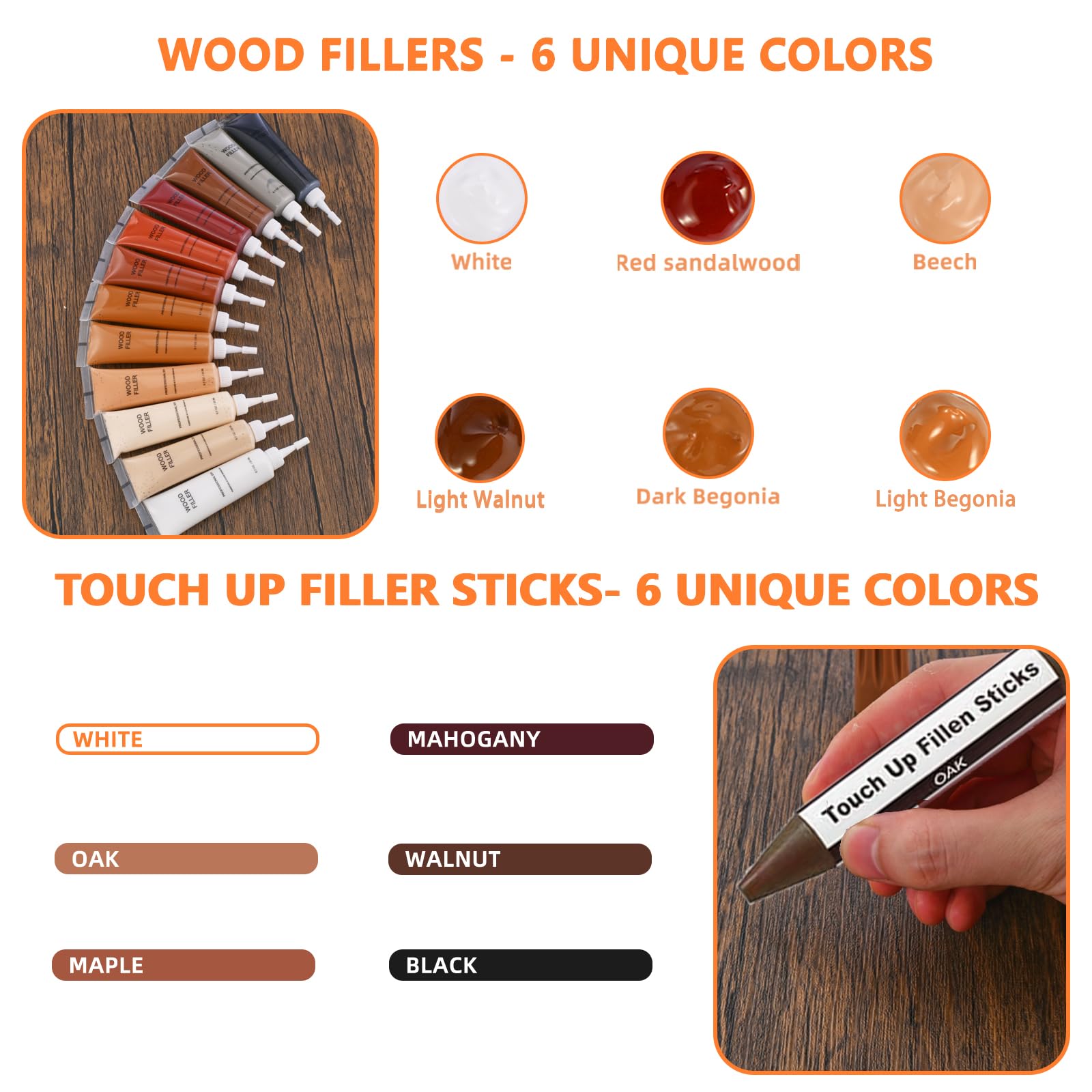 Furniture Repair Kit,12 Colors Wood Filler Sticks -Repair Scratch, Cracks, Hole, Restofinisher Wooden Door, Floor, Table, Cabinet -Restore Any Wood, Oak, Walnut