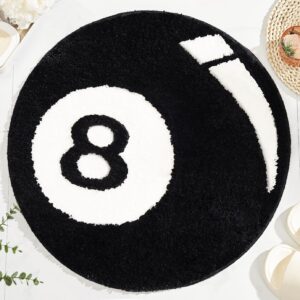 dyefury 8 ball rug w/specular highlight, 24" black and white hypebeast accent rug, cool rugs non-slip, trendy fun y2k circle rug, aesthetic alt room deocr, washable cute round rug