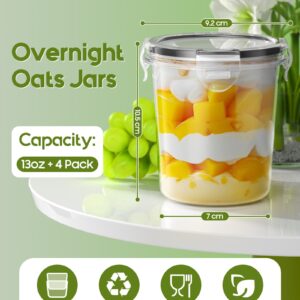 Canfanni Overnight Oats Container with Lids, 4 Pack 13oz Overnight Oats Jars, Plastic Mason Jars, BPA Free, Portable, Leak Proof Oatmeal Containers for Yogurt, Soup, Cereal, Milk and Salad