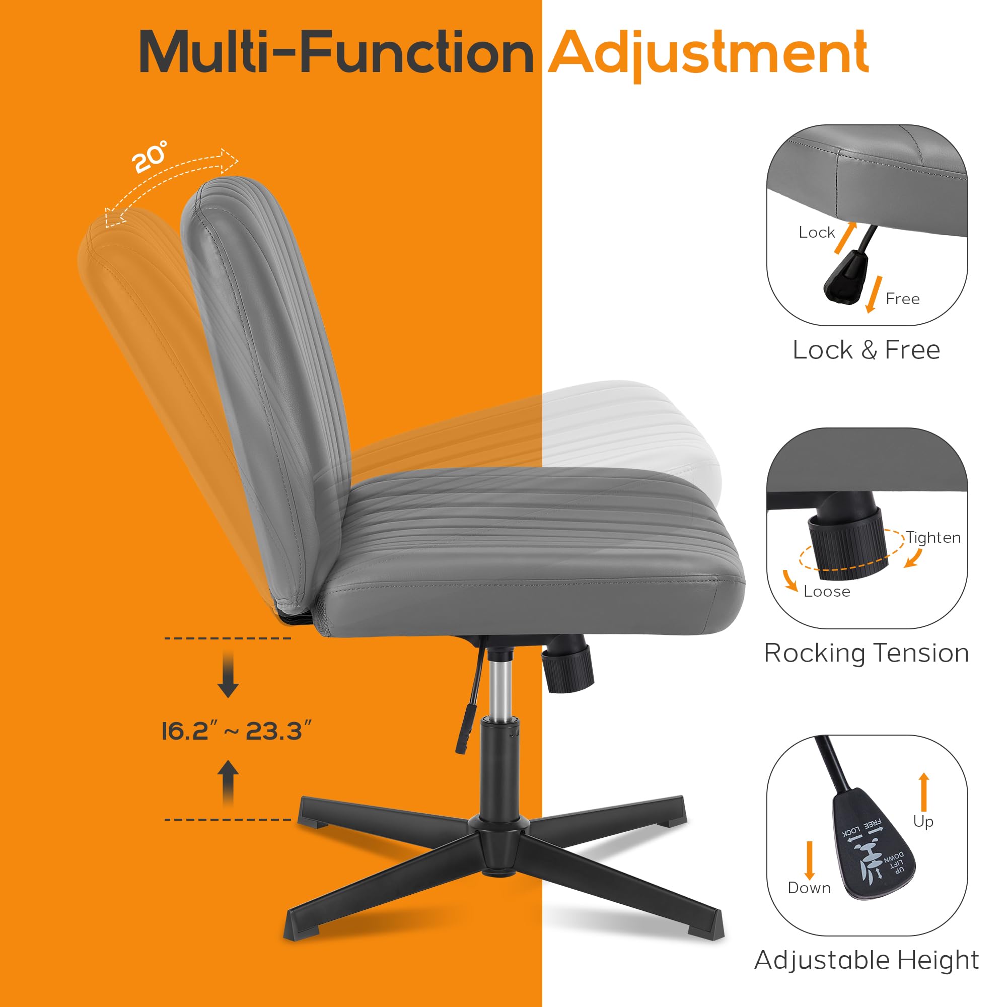 DUMOS Cirss Cross Chair Legged Office Wide Comfy Desk Seat, No Wheels Armless Computer Task Seating, Swivel Vanity Home Height Adjustable