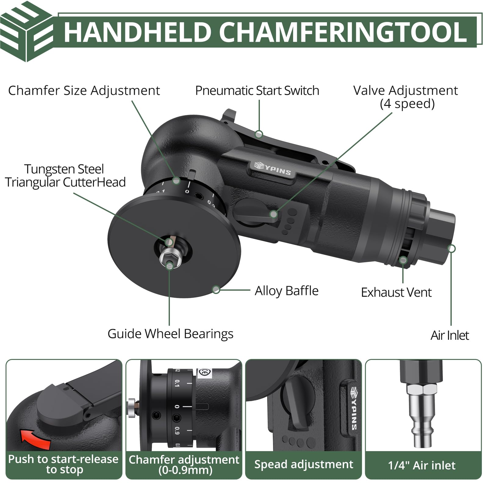 EYPINS Air Chamfer Tool, Mini Pneumatic Chamfering Machine for Metal Wood Steel Brass Acrylic, 45 Degree Arc, 30000 RPM, 1/4" Air Deburring Trim Beveling Tool, Pneumatic Roundover Tool with C/R blade