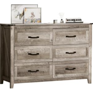 NEDYO Farmhouse 6 Drawer Dresser, Rustic Chest of Drawers, Wood TV Stand, Wooden Dresser Storage Organizer Cabinet for Bedroom Living Room Hallway and Entryway. Light Rustic Oak