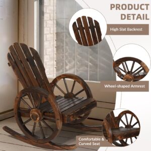 EPICOZY 2 Piece Outdoor Wood Wagon Rocking Chair, Patio Rustic Adirondack Porch Rocker with High Back & Slatted Seat, Carbonized Wood Rocker Chair with Wagon Wheel Armrest for Indoor, Backyard, Garden