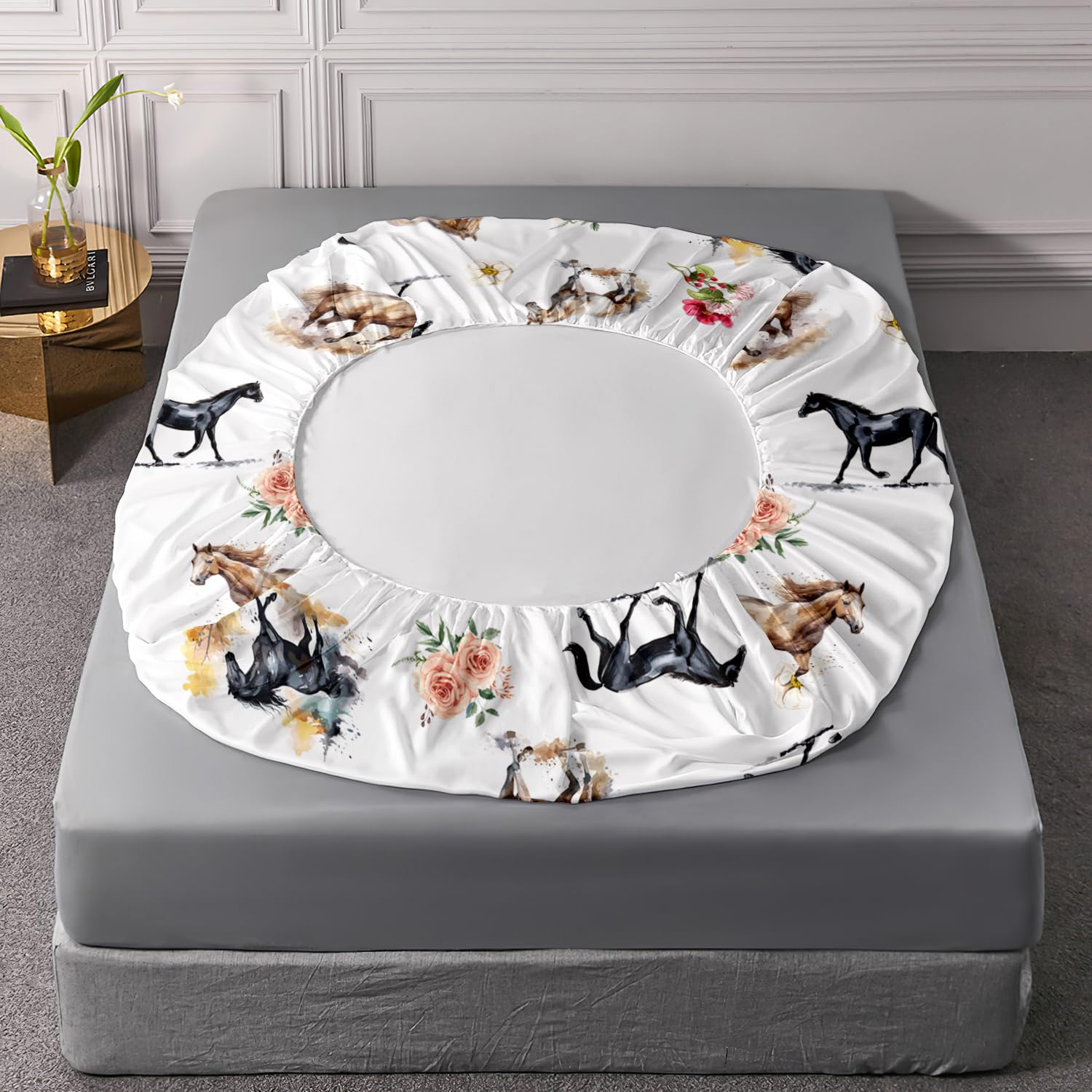 AILONEN 3D Horse Fitted Sheet Set, Galloping Horse with Flowers Bed Sheet Set for Kids Boys Queen Size,Farm Animals Bed Sheet Set,Tie Dye BedSheets Set,3PCS,1 Fitted Sheet and 2 Pillowcases