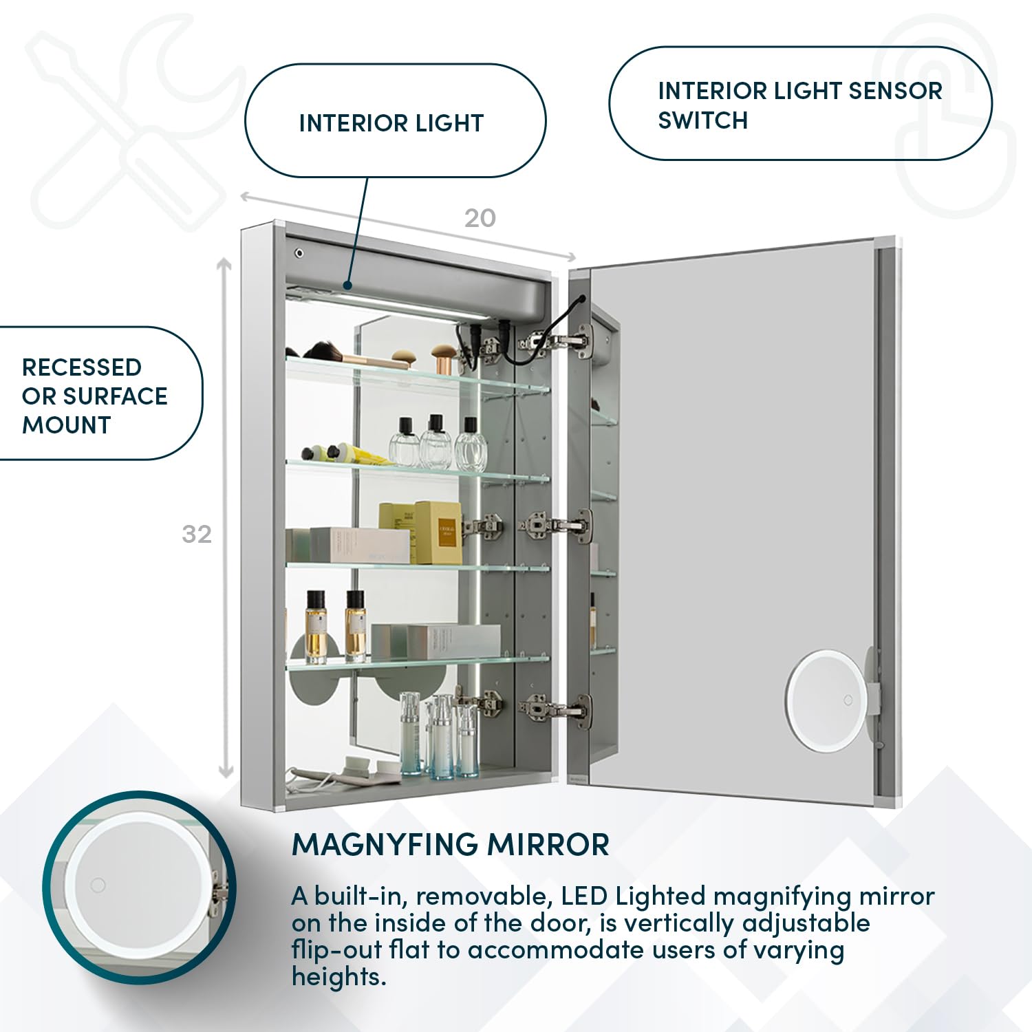 AQUADOM Edge Royale, LED Medicine Cabinet with Defogger, Electrical Outlets, Dimmer, Adjustable LED 3X Magnifying Mirror and Surface Or Recessed Mount. (20W x 32H x 5D Right Hinge)