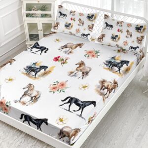 AILONEN 3D Horse Fitted Sheet Set, Galloping Horse with Flowers Bed Sheet Set for Kids Boys Queen Size,Farm Animals Bed Sheet Set,Tie Dye BedSheets Set,3PCS,1 Fitted Sheet and 2 Pillowcases