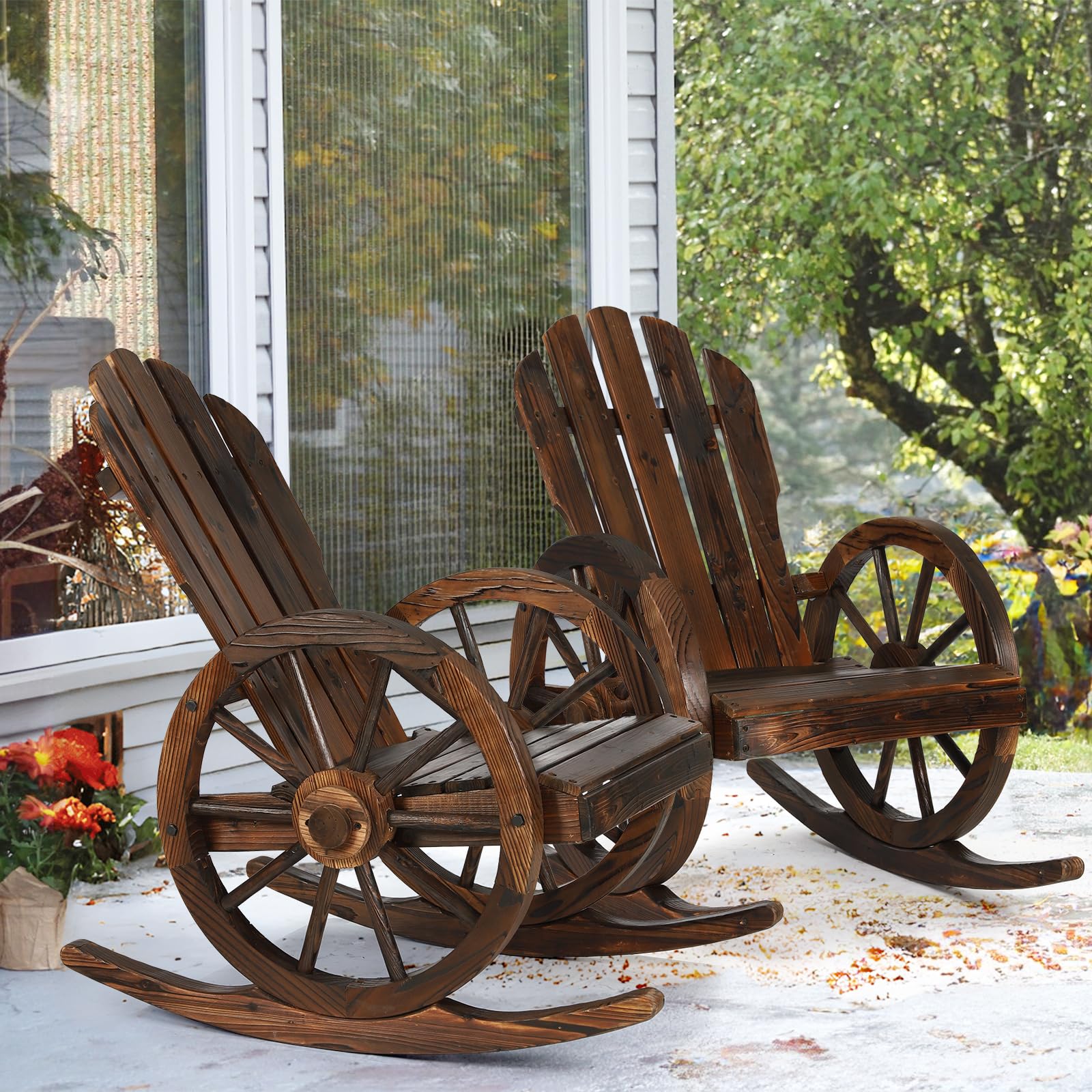 EPICOZY 2 Piece Outdoor Wood Wagon Rocking Chair, Patio Rustic Adirondack Porch Rocker with High Back & Slatted Seat, Carbonized Wood Rocker Chair with Wagon Wheel Armrest for Indoor, Backyard, Garden