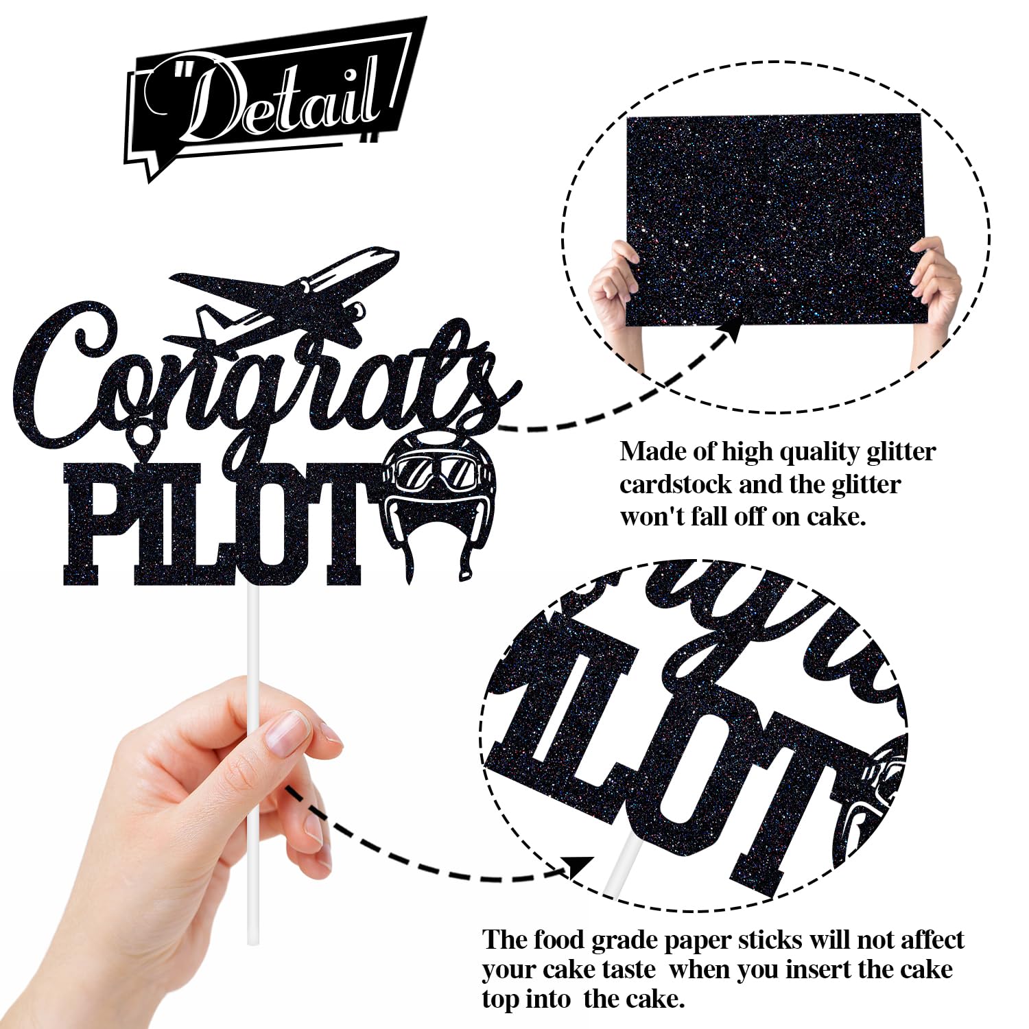 Congrats Pilot Cake Topper, Future Pilot/USAF Cake Decor, Class of 2024 Air Force Academy Graduation Party Decoration Supplies, Black Glitter