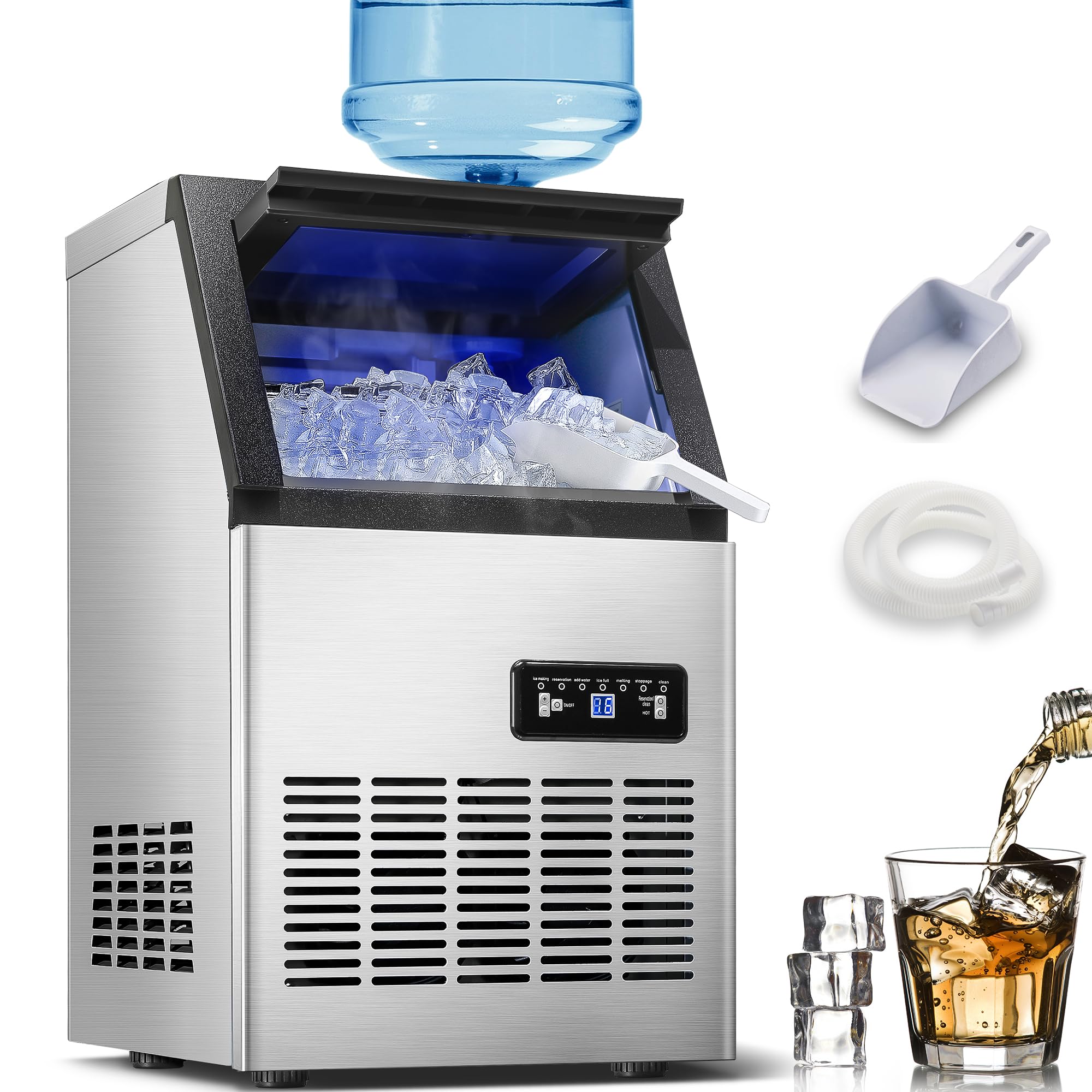 Zomagas Commercial Ice Maker Machine,110LBS/24H Ice Maker, Stainless Steel Freestanding Ice Machine with 28LBS Storage Capacity, Self-Cleaning, 2 Water Inlet Modes,Ideal for Restaurant,Home,Bar