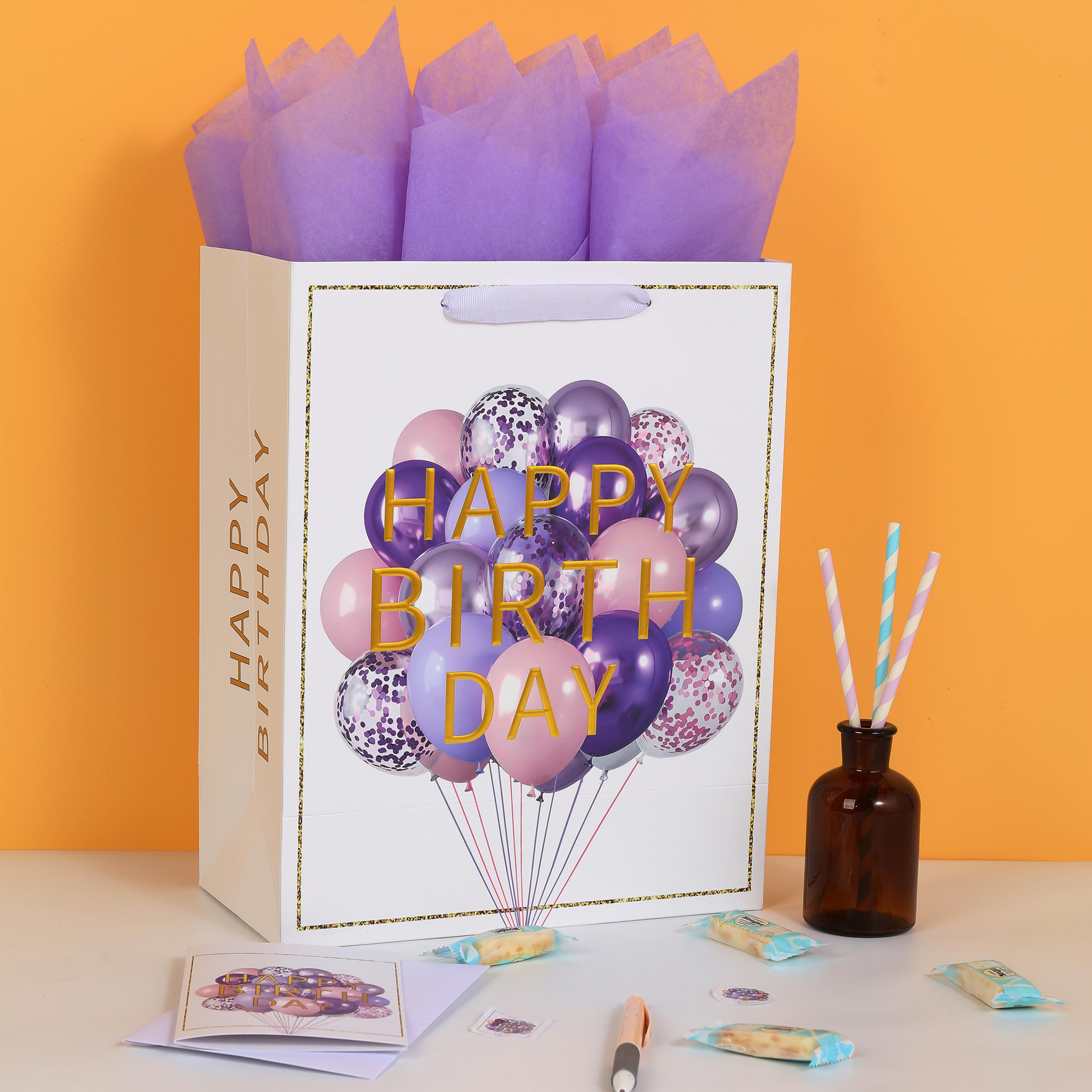 13" Large white Gift Bag Set with Greeting Card and Lavender Tissue Papers (Balloon and Embossing Gold Foil ‘Happy Birthday’) for Women's or Men's Birthday Party, Girls', Boys' or Kids' Party, Baby Shower, Baby Girl or Boy-10.2”x5.2”x13”,1 Pcs.