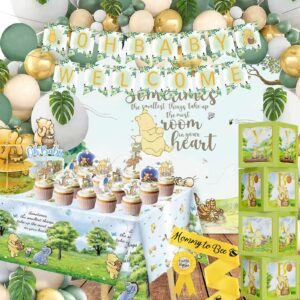 132pcs classic winnie baby shower decorations kit, all-in-1 vintage winnie party supplies decorations, classic the pooh backdrop cake topper, winnie baby tablecloth box decorations for baby shower