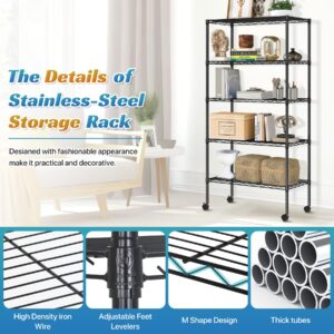 WYGMAV 5-Tier Shelf Metal Storage Rack Shelving Unit Adjustable Wire Shelving Unit Organizer Standing Shelf Units for Kitchen, Garage, Bathroom, Closet - Strong Steel Shelf with Wheels, Black