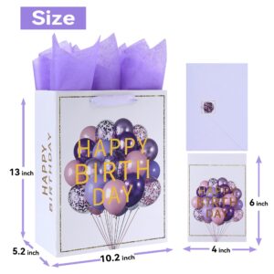 13" Large white Gift Bag Set with Greeting Card and Lavender Tissue Papers (Balloon and Embossing Gold Foil ‘Happy Birthday’) for Women's or Men's Birthday Party, Girls', Boys' or Kids' Party, Baby Shower, Baby Girl or Boy-10.2”x5.2”x13”,1 Pcs.