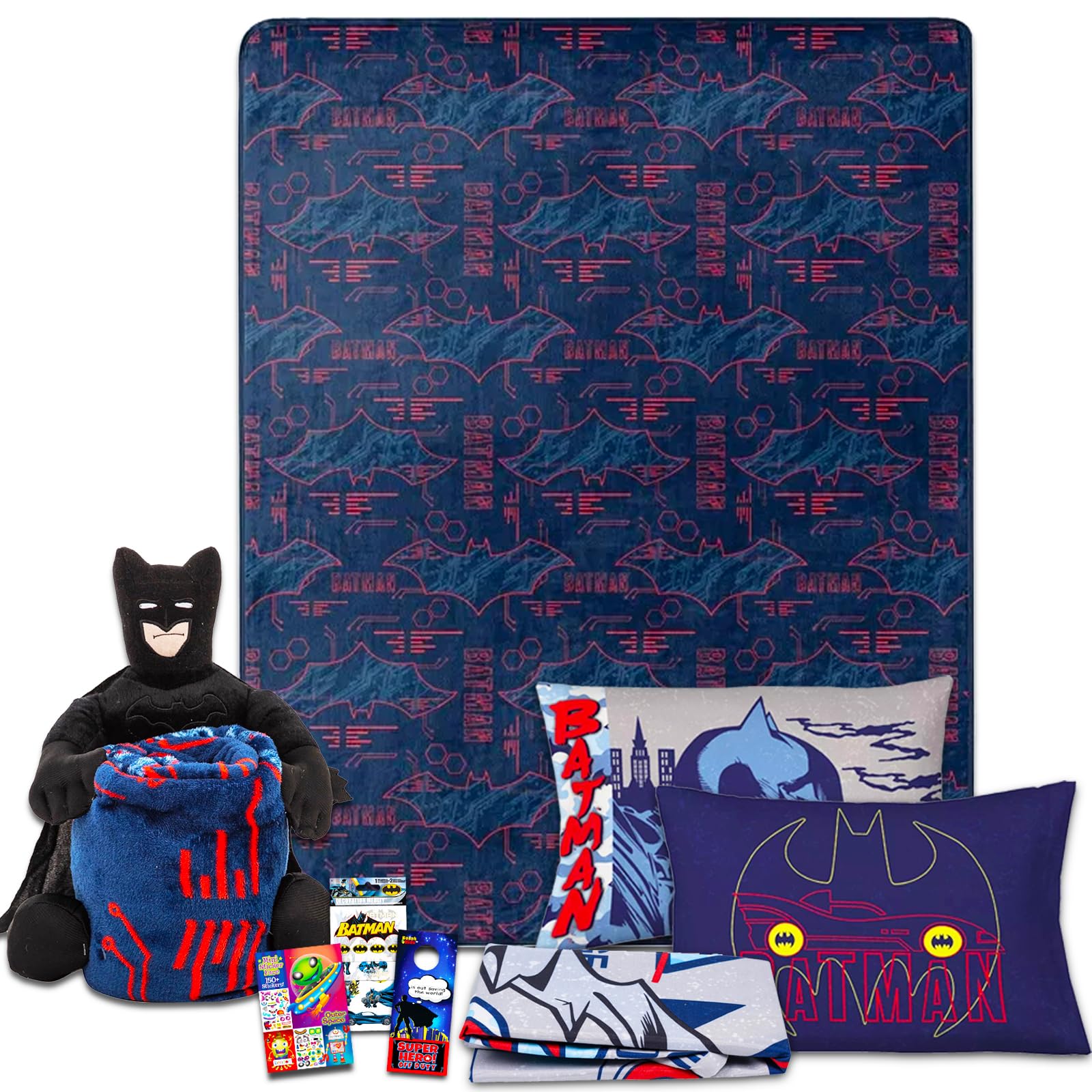 Batman Bedding Set Toddler Bed - Bundle with Batman Plushie, Throw Blanket, and Pillowcase for Twin Bed Plus Stickers, Activity Book, More | Batman Bedroom Set for Boys