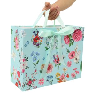 13" Large Green Gift Bags Set with Greeting Card and Tissue Papers (Roses and Flowers) for Celebrating Birthdays, Mother's Day, Weddings, Anniversary, Valentine's Day - 13”x5.2”x10.2”, 1 Pcs.