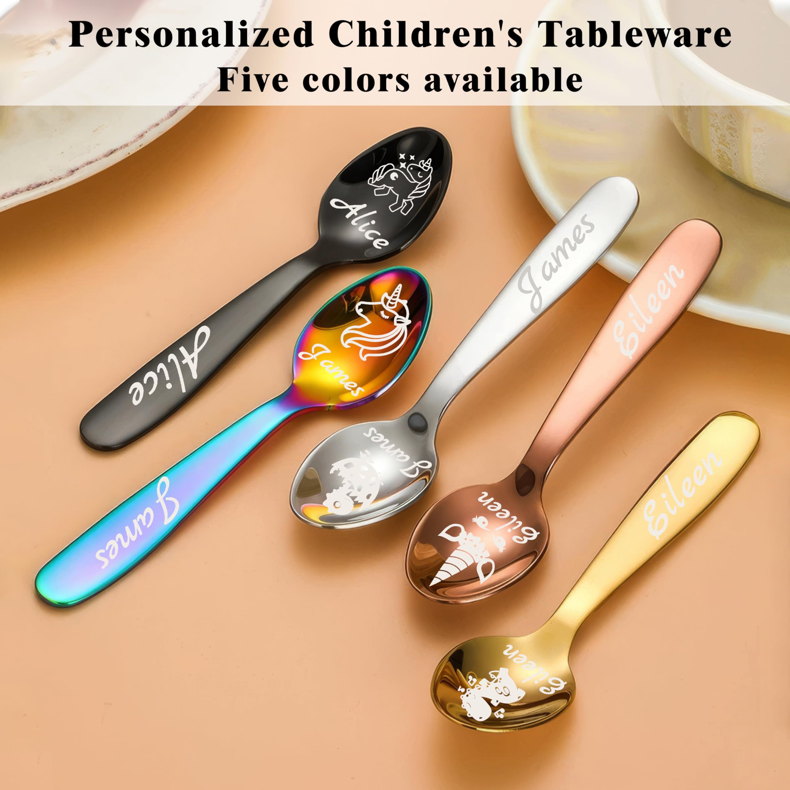 Personalized Dinosaur Unicorn Cutlery Set, Laser Engraved Custom Name Cutlery Set, Stainless Steel Kids Utensils (4 Piece), Kids Silverware Set, Unique Children's Gifts