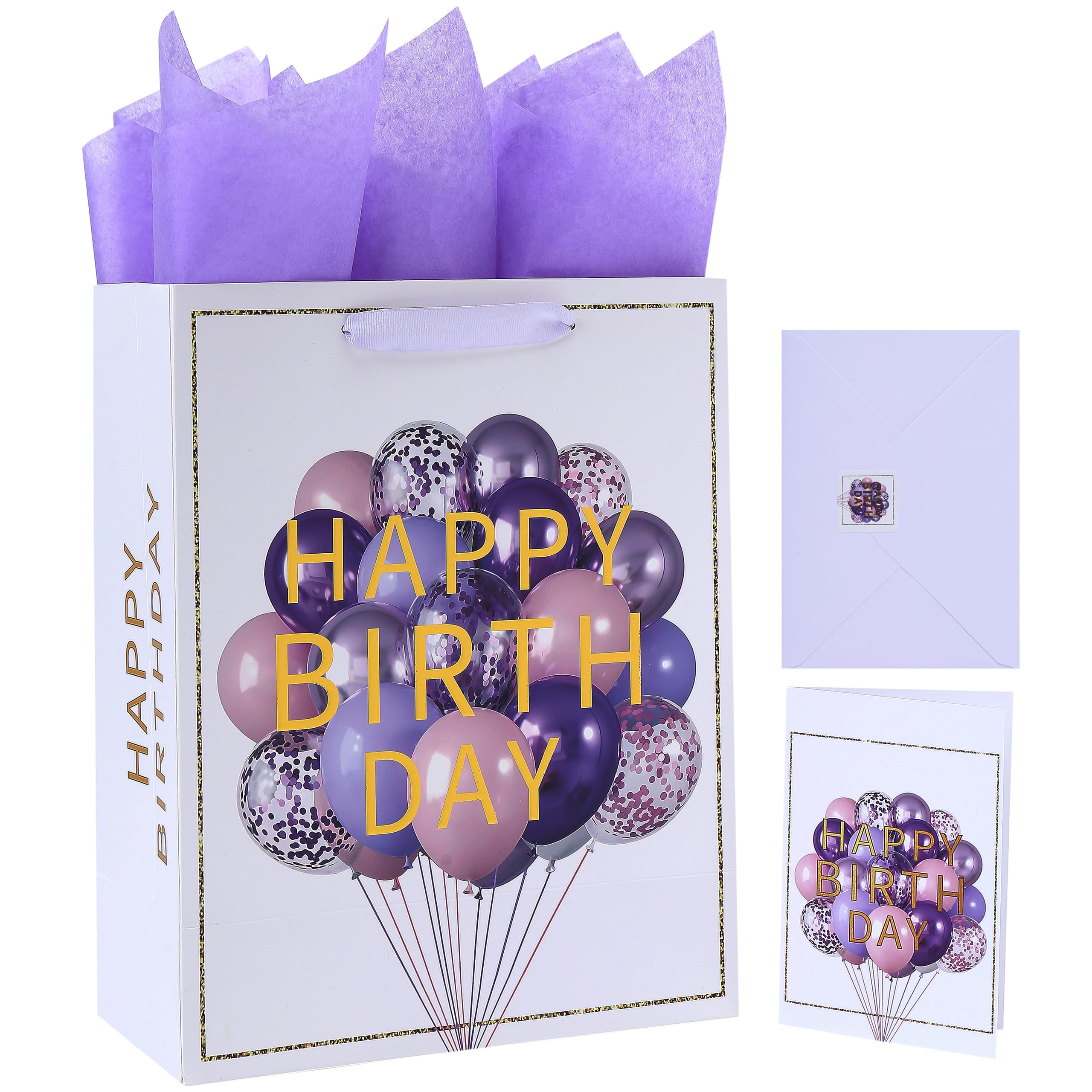 13" Large white Gift Bag Set with Greeting Card and Lavender Tissue Papers (Balloon and Embossing Gold Foil ‘Happy Birthday’) for Women's or Men's Birthday Party, Girls', Boys' or Kids' Party, Baby Shower, Baby Girl or Boy-10.2”x5.2”x13”,1 Pcs.