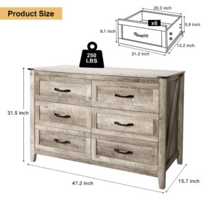 NEDYO Farmhouse 6 Drawer Dresser, Rustic Chest of Drawers, Wood TV Stand, Wooden Dresser Storage Organizer Cabinet for Bedroom Living Room Hallway and Entryway. Light Rustic Oak