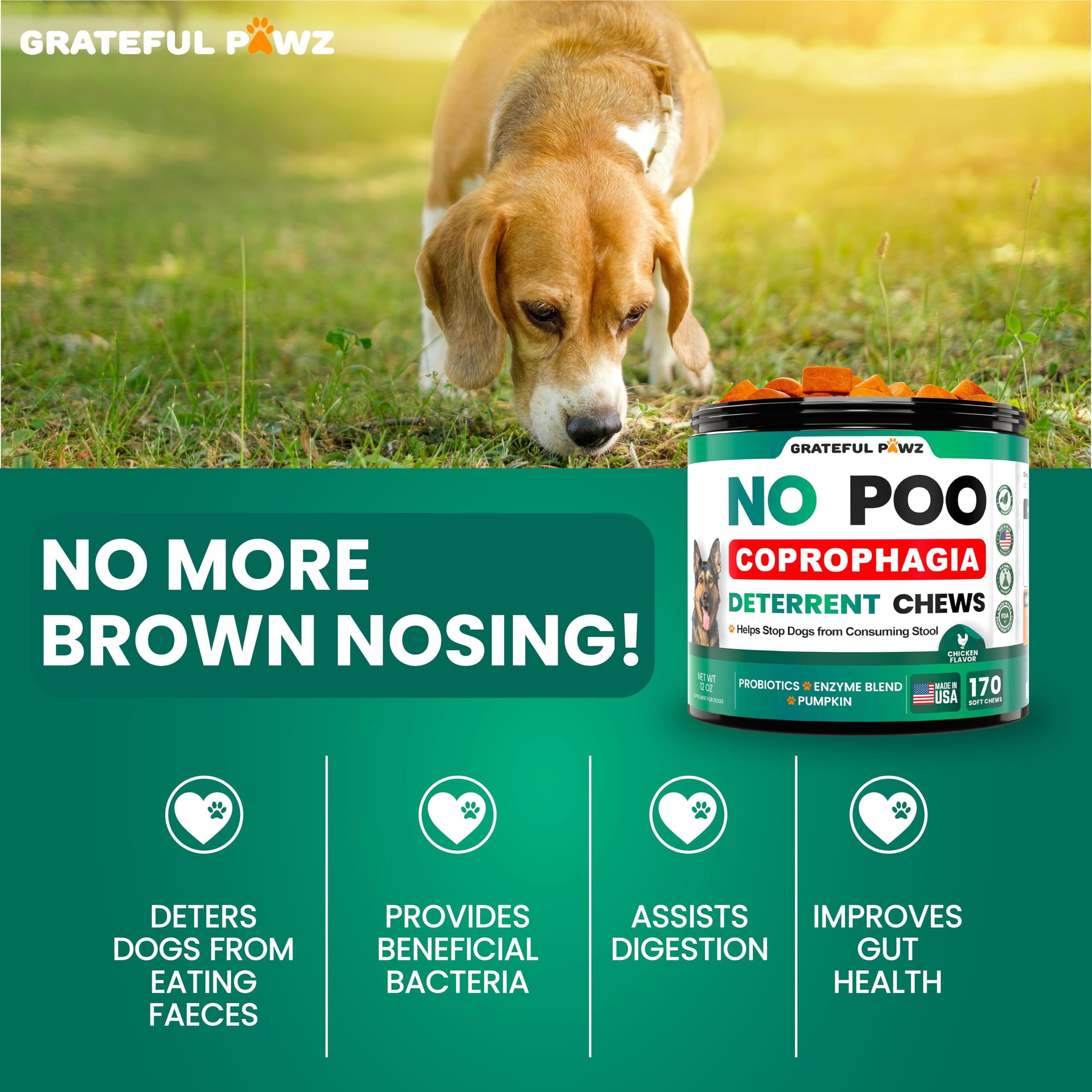 No Poo Chews for Dogs - 170 Chews - Coprophagia Stool Eating Deterrent for Dogs - Prevent Dog from Eating Poop - Stop Eating Poop for Dogs Supplement - Probiotics & Digestive Enzymes