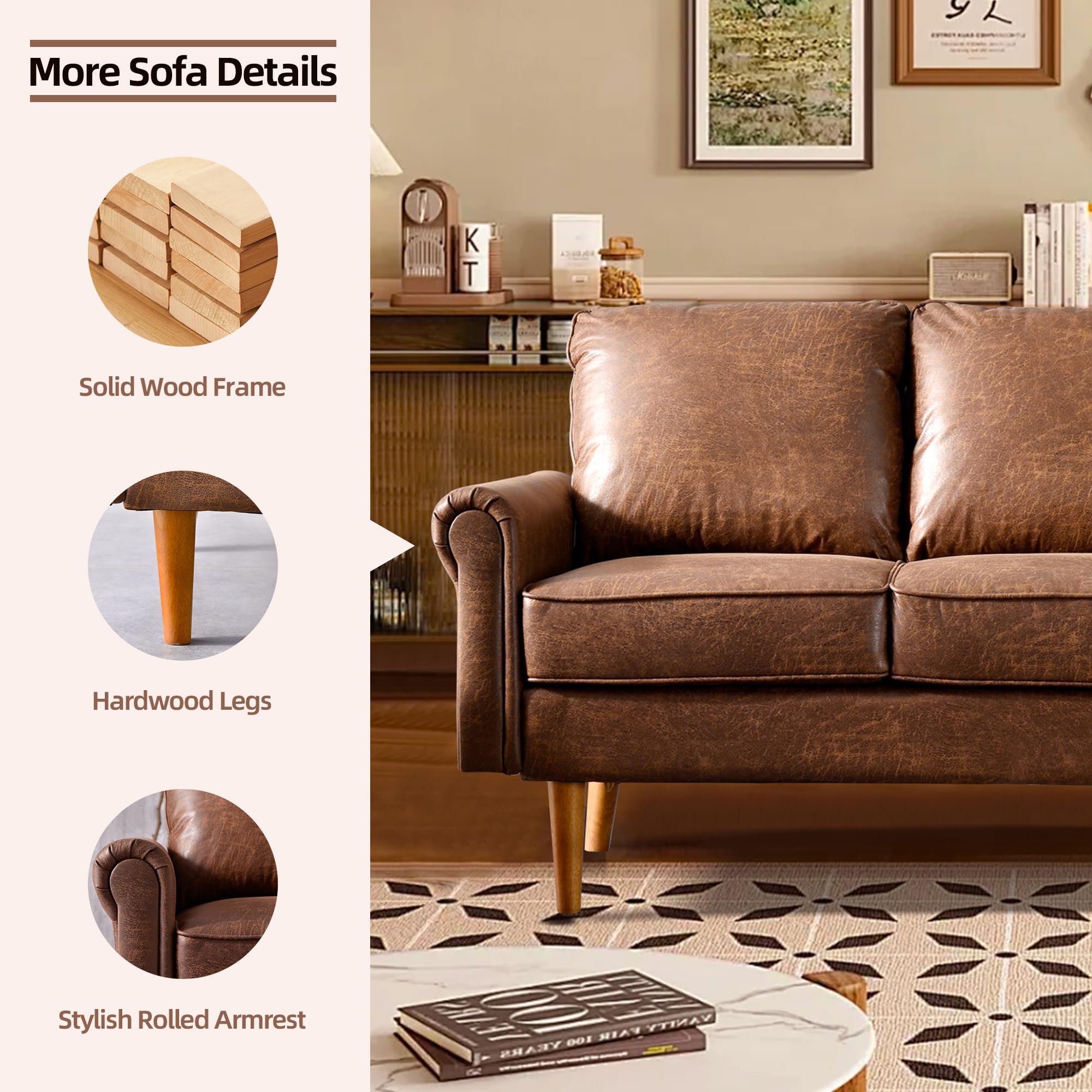 POUUIN Faux Leather 3 Seater Sofa Couches for Living Room,74" Mid Century Modern Deep Seat Sofas & Couches,Breathable Comfy Upholstered Couch for Bedroom Apartment Office (Dark Brown)