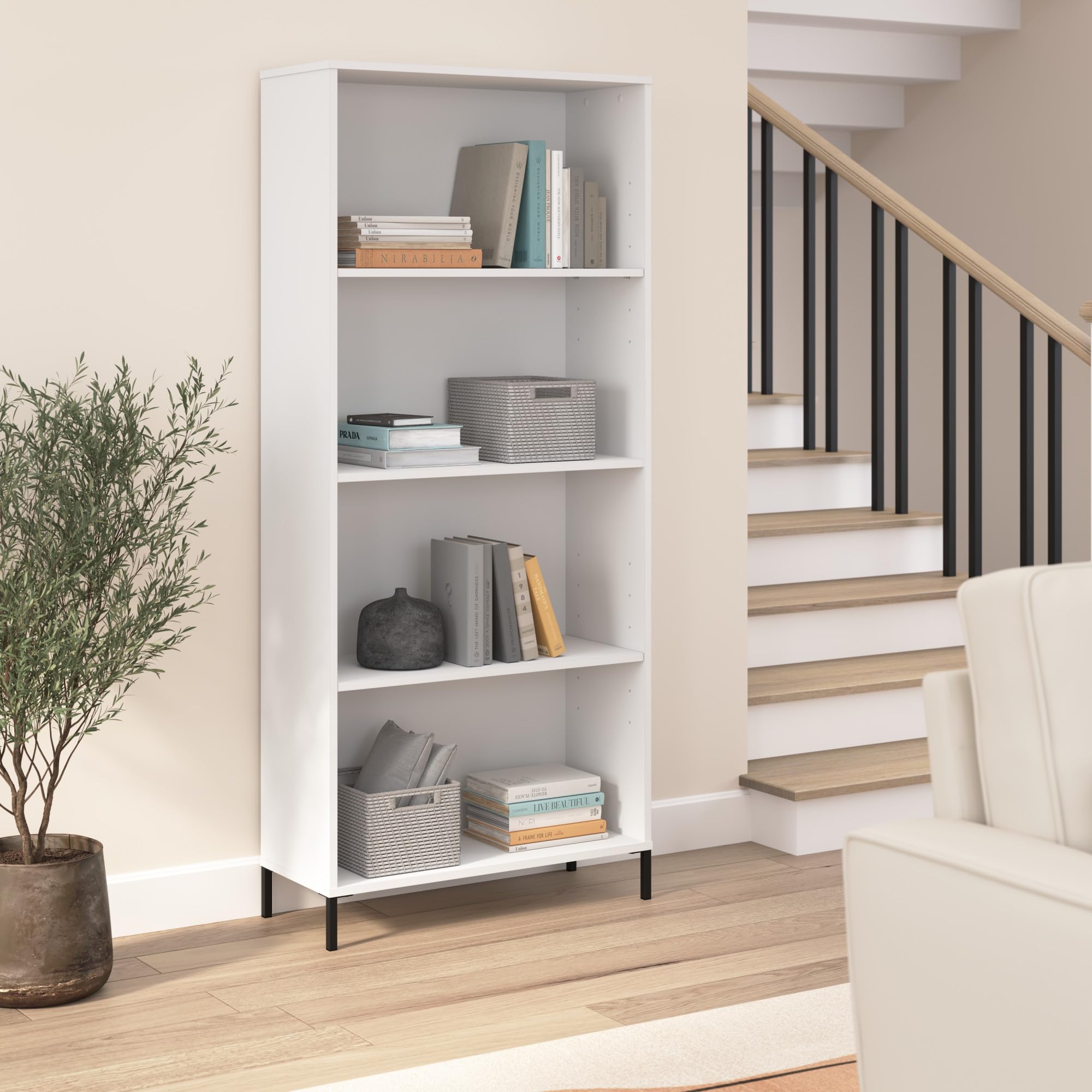 Bush Furniture Essence 4 Shelf Bookcase in White | Organizers and Shelves for Home Office Workspace, Living Room, Entryway, Bedroom, and Mudroom