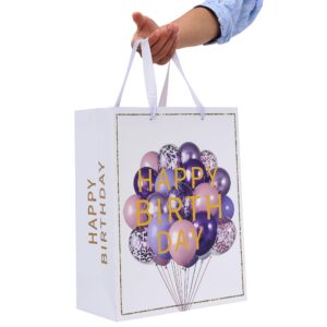 13" Large white Gift Bag Set with Greeting Card and Lavender Tissue Papers (Balloon and Embossing Gold Foil ‘Happy Birthday’) for Women's or Men's Birthday Party, Girls', Boys' or Kids' Party, Baby Shower, Baby Girl or Boy-10.2”x5.2”x13”,1 Pcs.