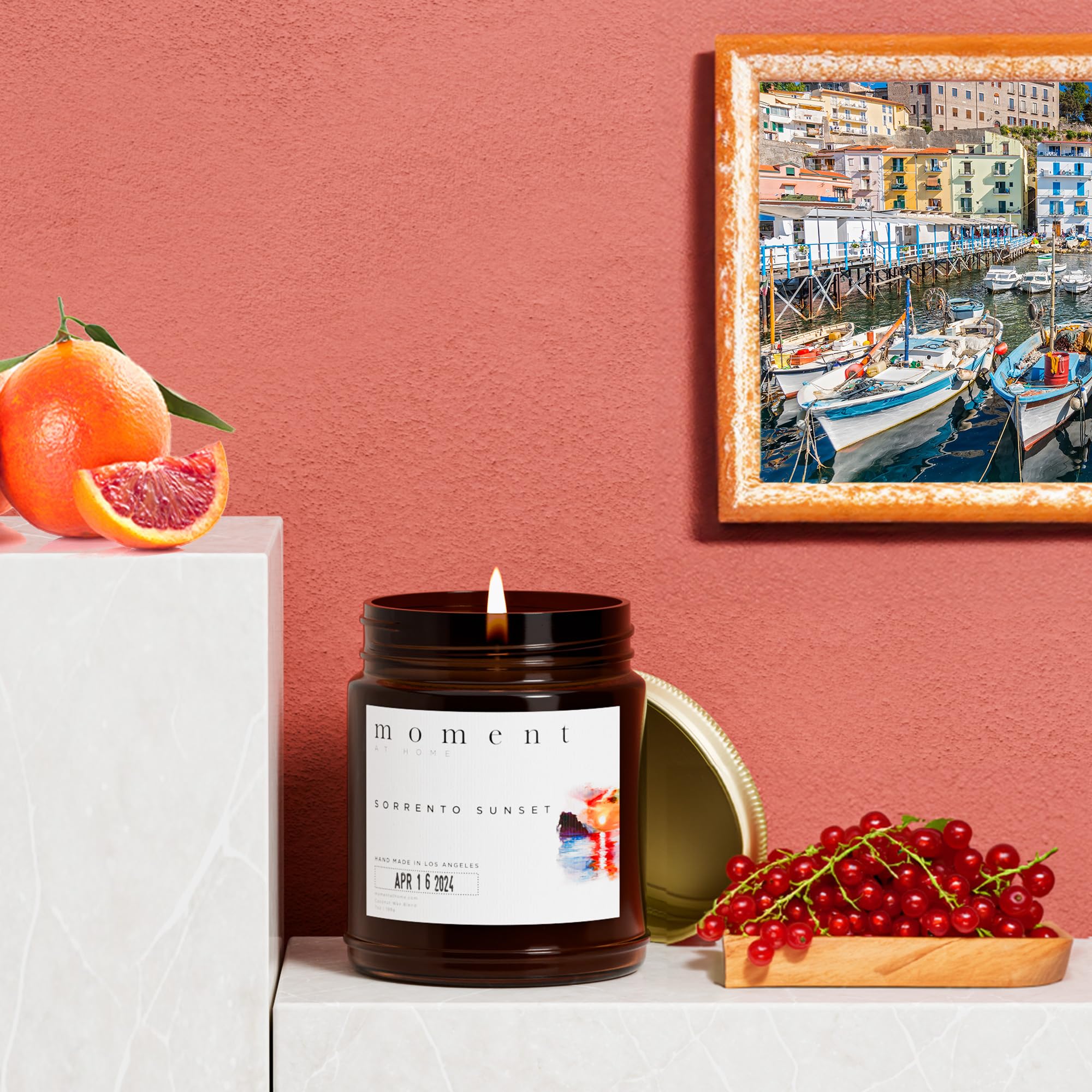 Moment At Home Sorrento Sunset Red Currant and Blood Orange Scented Jar Candle | Natural, Non Toxic Coconut Wax Candle | Hand Poured in The USA | 7oz up to 50 Hour Burn Time