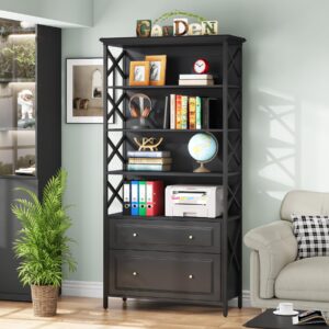 Tribesigns 6-Tier Bookcase with 2 Drawers, Tall Narrow Bookshelf with 1 File Drawer, Modern Bookshelf Heavy Duty Display Rack for Living Room, Bedroom, Dark Grey