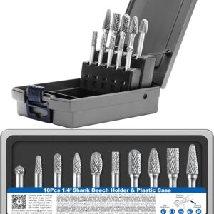 10 Pcs Carbide Burr Set 1/4 Shank w/Beech Holder and Case Die Grinder Grinding Drill Bits for Metal Wood Stone Weld Deburring Rotary Tool Attachment Accessories Rasp Compatible with Milwaukee DeWALT