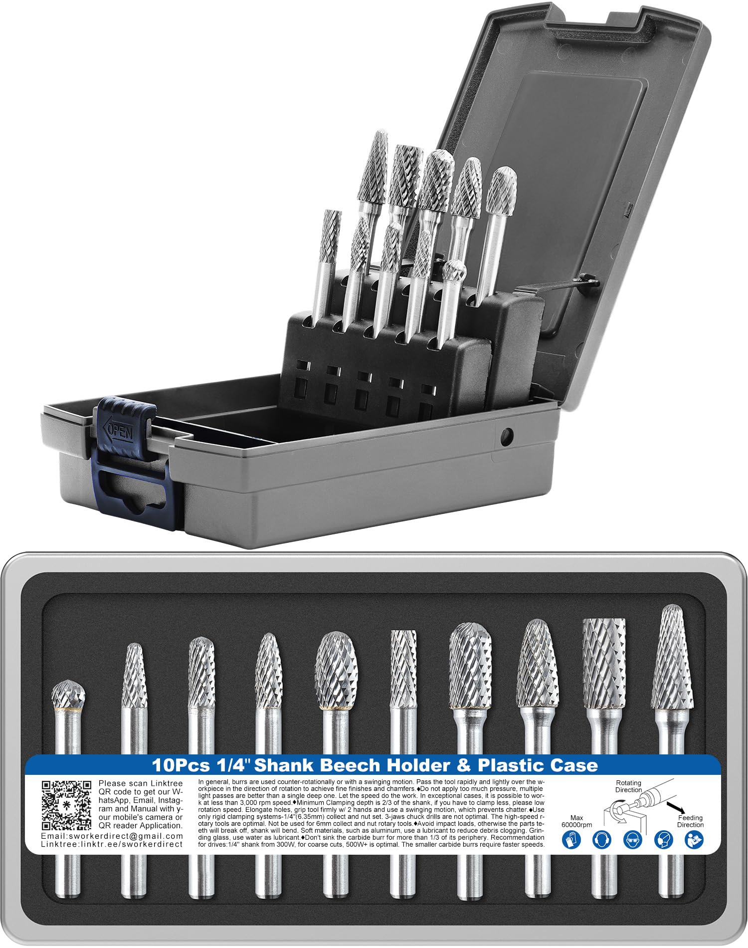 10 Pcs Carbide Burr Set 1/4 Shank w/Beech Holder and Case Die Grinder Grinding Drill Bits for Metal Wood Stone Weld Deburring Rotary Tool Attachment Accessories Rasp Compatible with Milwaukee DeWALT