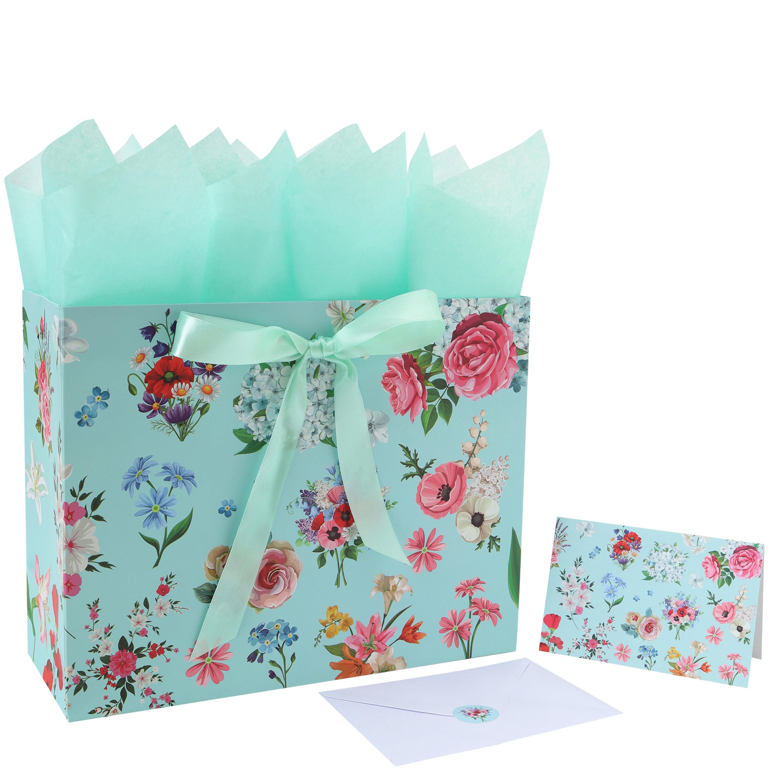 13" Large Green Gift Bags Set with Greeting Card and Tissue Papers (Roses and Flowers) for Celebrating Birthdays, Mother's Day, Weddings, Anniversary, Valentine's Day - 13”x5.2”x10.2”, 1 Pcs.