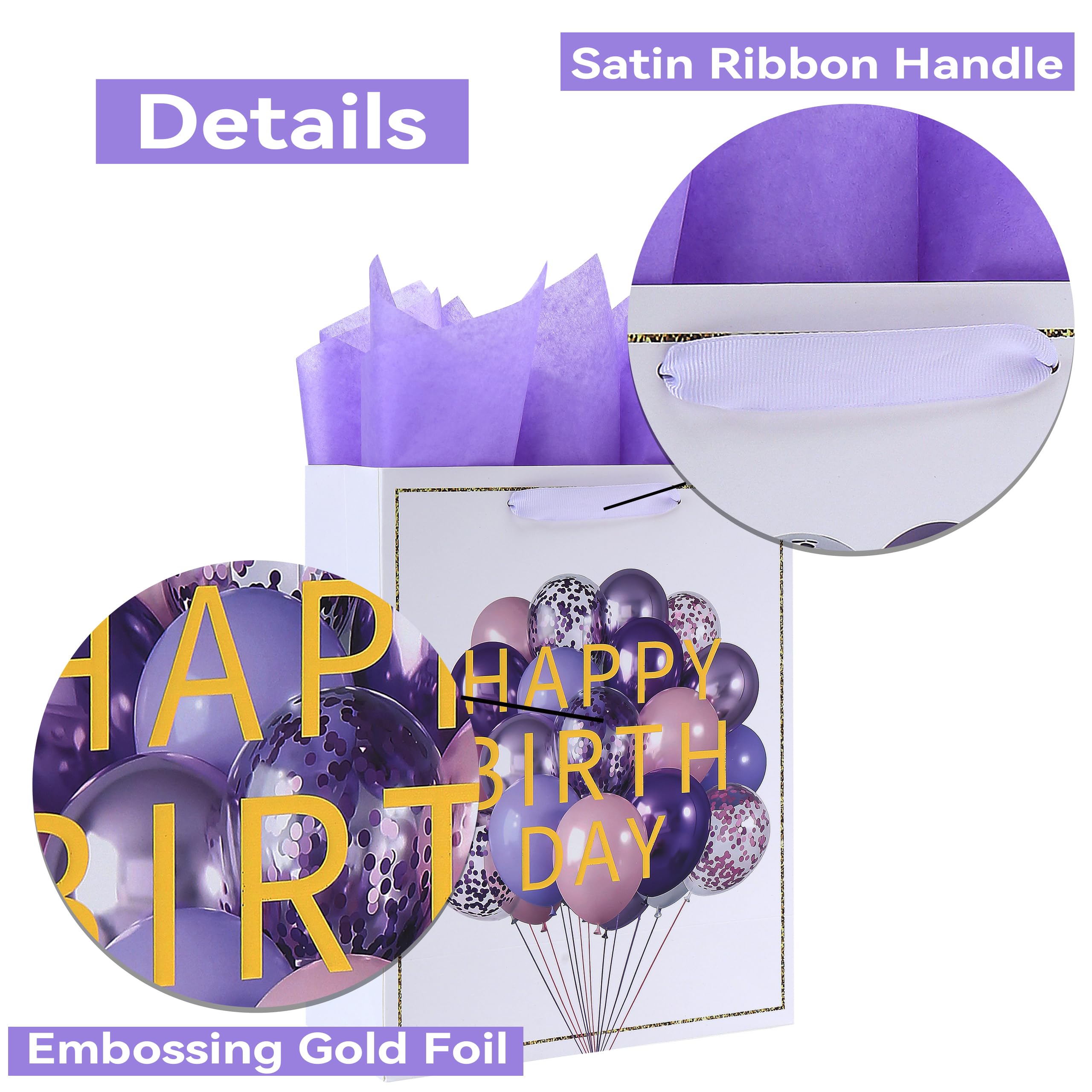 13" Large white Gift Bag Set with Greeting Card and Lavender Tissue Papers (Balloon and Embossing Gold Foil ‘Happy Birthday’) for Women's or Men's Birthday Party, Girls', Boys' or Kids' Party, Baby Shower, Baby Girl or Boy-10.2”x5.2”x13”,1 Pcs.