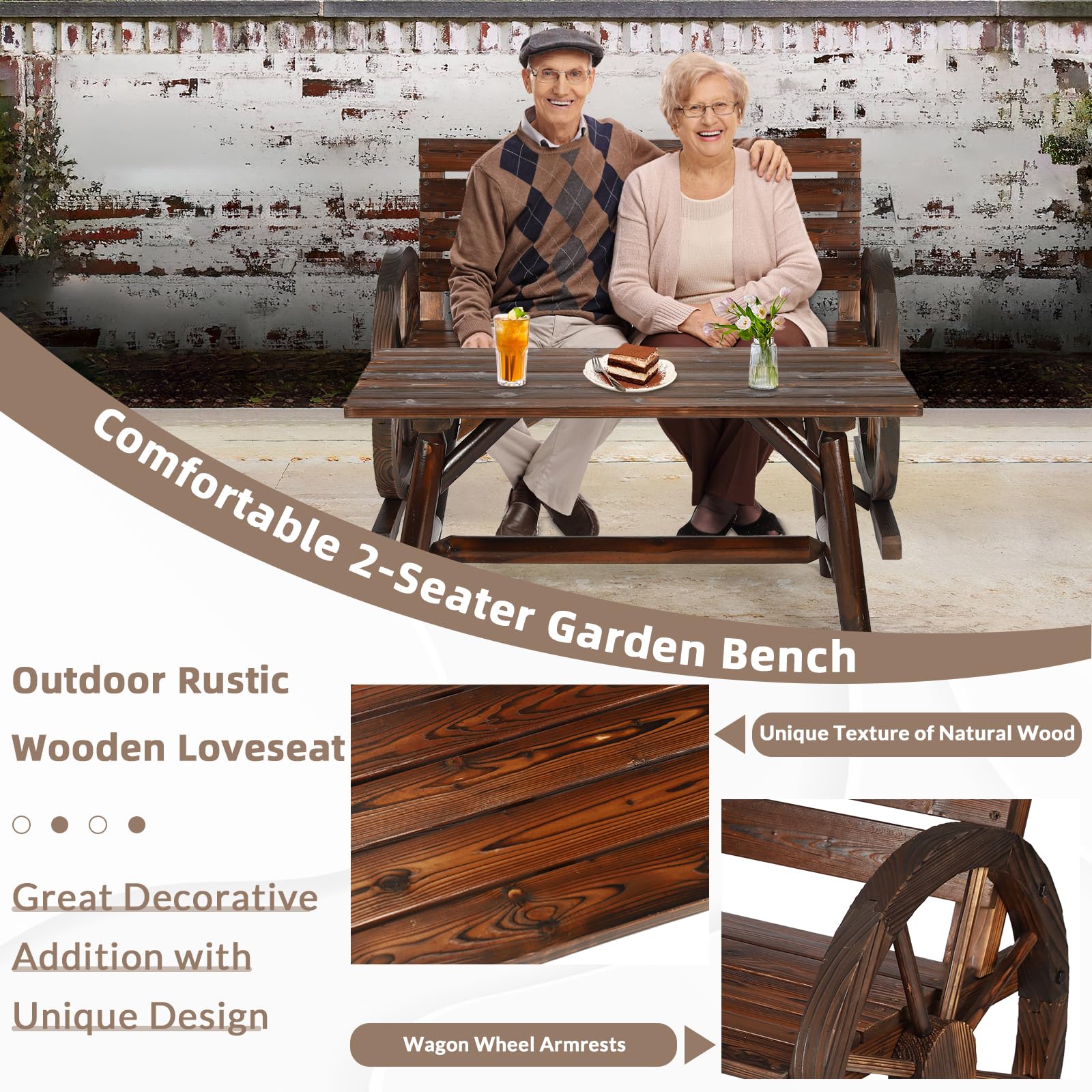 EPICOZY 2-Piece Wooden Wagon Wheel Bench Set with Coffee Table, 2-Person Rustic Wood Garden Bench W/Wagon Wheel Armrests & Slatted Backrest, Outdoor Patio Loveseat Furniture Set for Lawn Yard Park