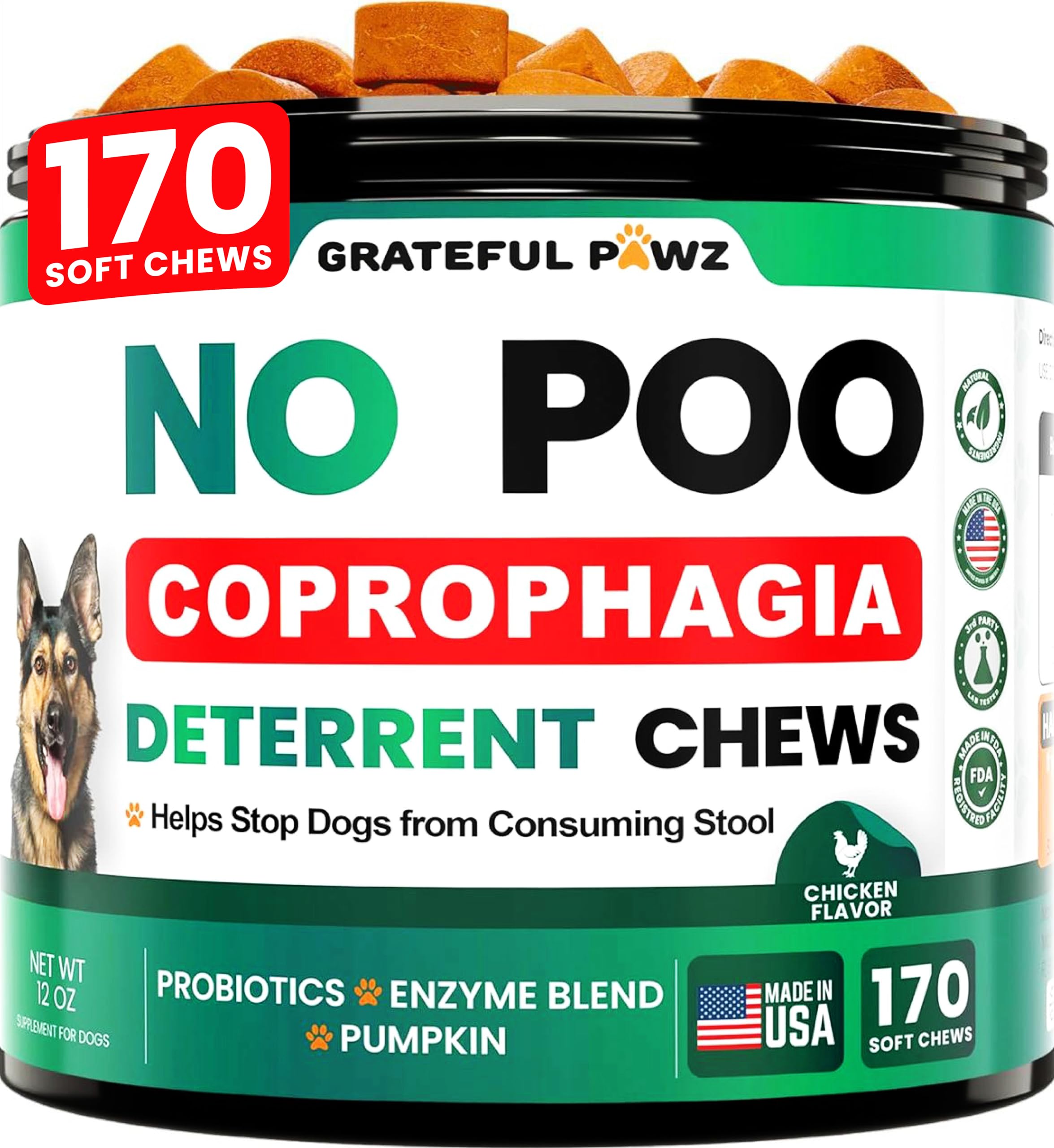 No Poo Chews for Dogs - 170 Chews - Coprophagia Stool Eating Deterrent for Dogs - Prevent Dog from Eating Poop - Stop Eating Poop for Dogs Supplement - Probiotics & Digestive Enzymes