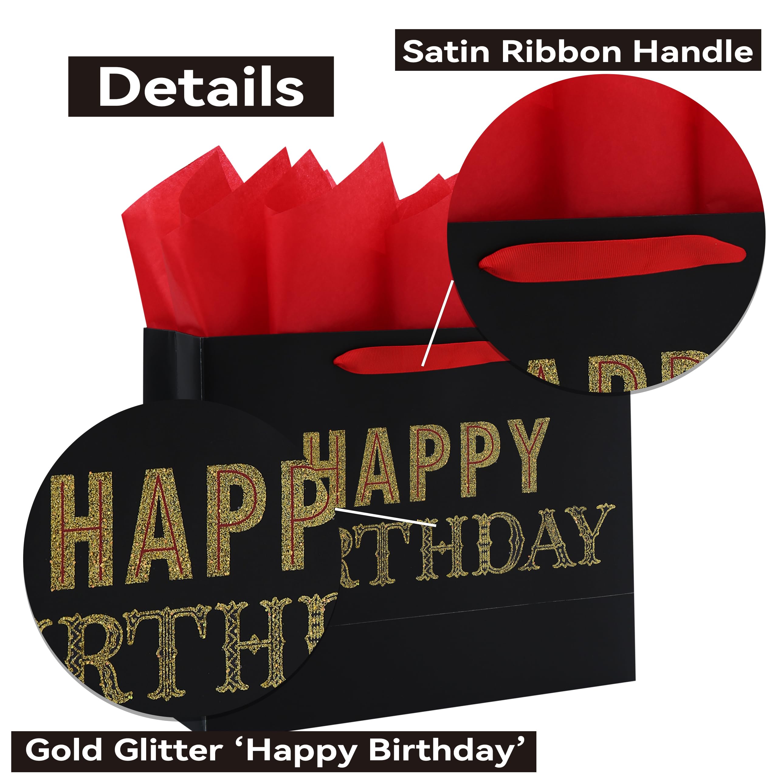 13" Large Black Gift Bag Set with Greeting Card and Tissue Papers (Gold Glitter ‘Happy Birthday’) for Women's or Men's Birthday Party, Girls', Boys' or Kids' Party, Baby Shower, Baby Girl or Boy - 13”x5.2”x10.2”,1 Pcs.