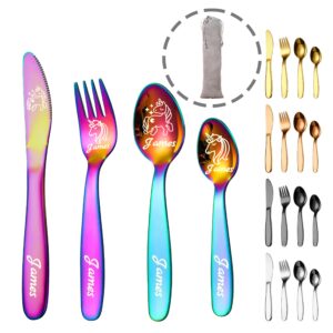 personalized dinosaur unicorn cutlery set, laser engraved custom name cutlery set, stainless steel kids utensils (4 piece), kids silverware set, unique children's gifts