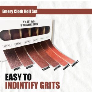 Emery Cloth Roll, 6 Grits Abrasive Sandpaper Rolls Assorted Sand Paper for Woodworking Automotive Metal Polishing, 80 150 240 320 400 600 Grits Per Roll 6 Meters