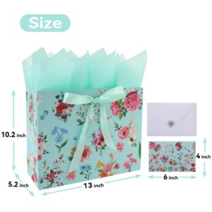 13" Large Green Gift Bags Set with Greeting Card and Tissue Papers (Roses and Flowers) for Celebrating Birthdays, Mother's Day, Weddings, Anniversary, Valentine's Day - 13”x5.2”x10.2”, 1 Pcs.