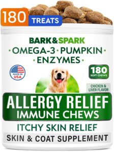 bark&spark dog allergy relief chews (180 immune treats) - anti-itch skin & coat supplement - omega 3 fish oil - itchy skin relief treatment pills - itching&paw licking - dry skin & hot spots