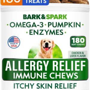 BARK&SPARK Dog Allergy Relief Chews (180 Immune Treats) - Anti-Itch Skin & Coat Supplement - Omega 3 Fish Oil - Itchy Skin Relief Treatment Pills - Itching&Paw Licking - Dry Skin & Hot Spots