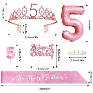 5th Pink Birthday Decorations for Girls,Including 5th Birthday Sash,Rhinestone 5th Birthday Girl Crown Tiara,Cake Topper,Number Candle ,Balloon,5 Year Old Birthday Gifts for Girl Party Favor Supplies